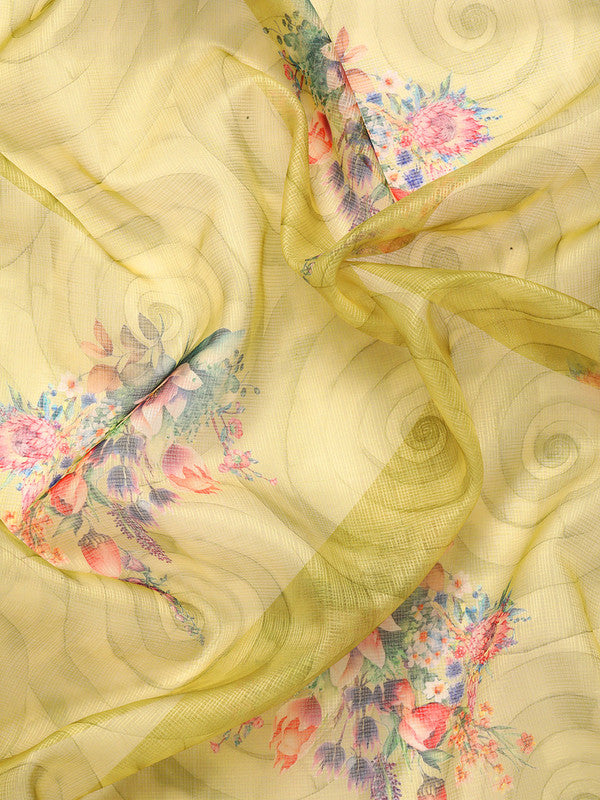 Olive Kanjeevaram Silk Digital Print Floral Saree with Unstitched Blouse - Hiral Fashion | Swadesiicart