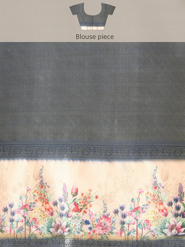 Olive Kanjeevaram Silk Digital Print Floral Saree with Unstitched Blouse - Hiral Fashion | Swadesiicart