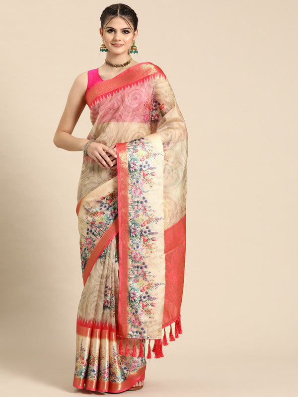 Peach Kanjeevaram Silk Digital Print Floral Saree with Unstitched Blouse - Hiral Fashion | Swadesiicart