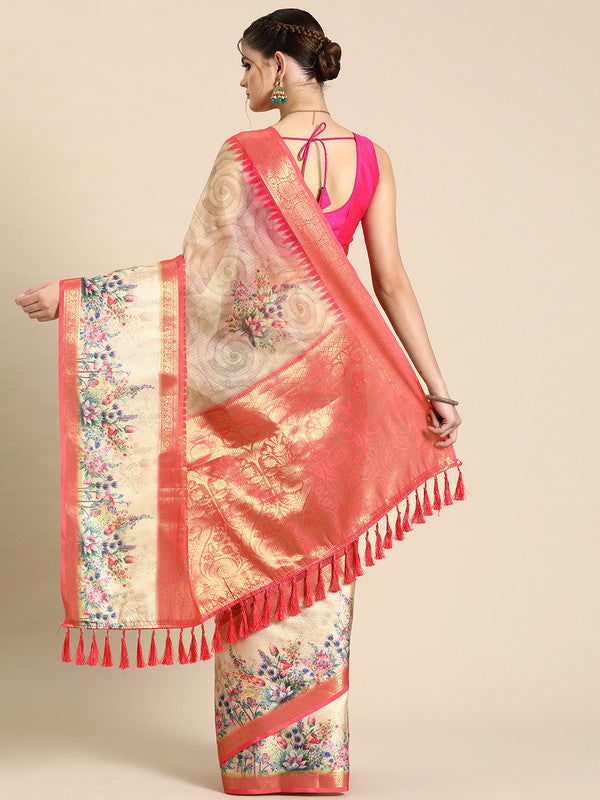 Peach Kanjeevaram Silk Digital Print Floral Saree with Unstitched Blouse - Hiral Fashion | Swadesiicart