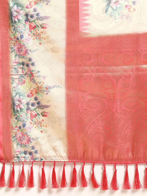 Peach Kanjeevaram Silk Digital Print Floral Saree with Unstitched Blouse - Hiral Fashion | Swadesiicart