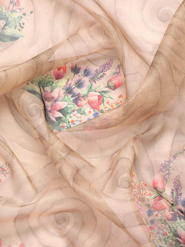 Peach Kanjeevaram Silk Digital Print Floral Saree with Unstitched Blouse - Hiral Fashion | Swadesiicart
