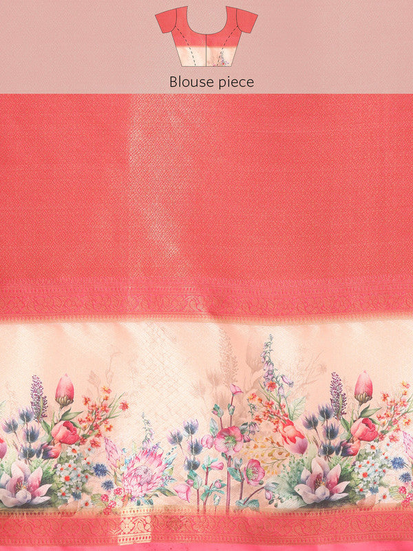 Peach Kanjeevaram Silk Digital Print Floral Saree with Unstitched Blouse - Hiral Fashion | Swadesiicart