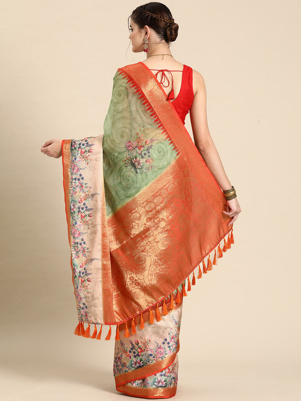 Green Kanjeevaram Silk Digital Print Floral Saree with Unstitched Blouse - Hiral Fashion | Swadesiicart