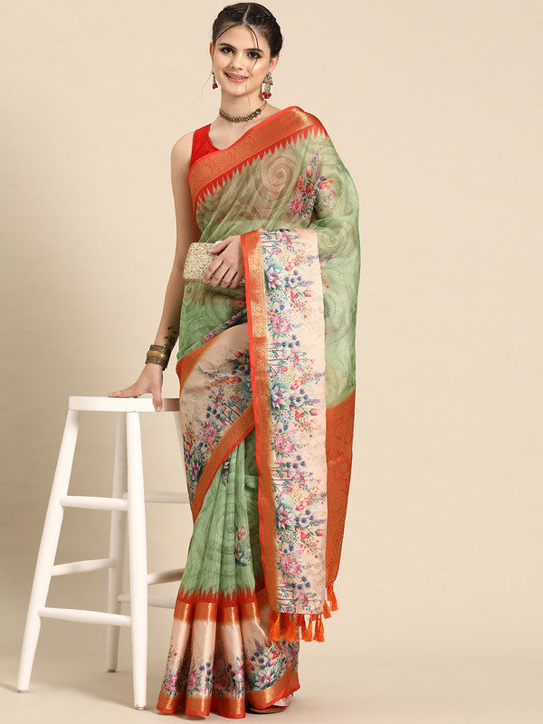 Green Kanjeevaram Silk Digital Print Floral Saree with Unstitched Blouse - Hiral Fashion | Swadesiicart