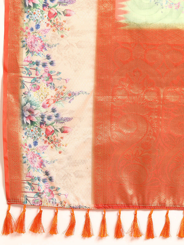 Green Kanjeevaram Silk Digital Print Floral Saree with Unstitched Blouse - Hiral Fashion | Swadesiicart