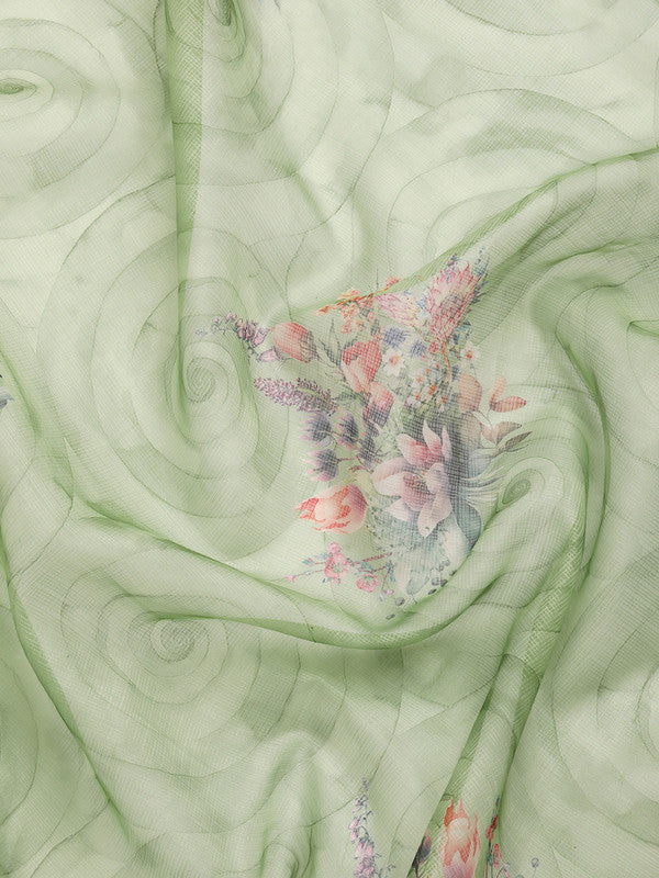 Green Kanjeevaram Silk Digital Print Floral Saree with Unstitched Blouse - Hiral Fashion | Swadesiicart