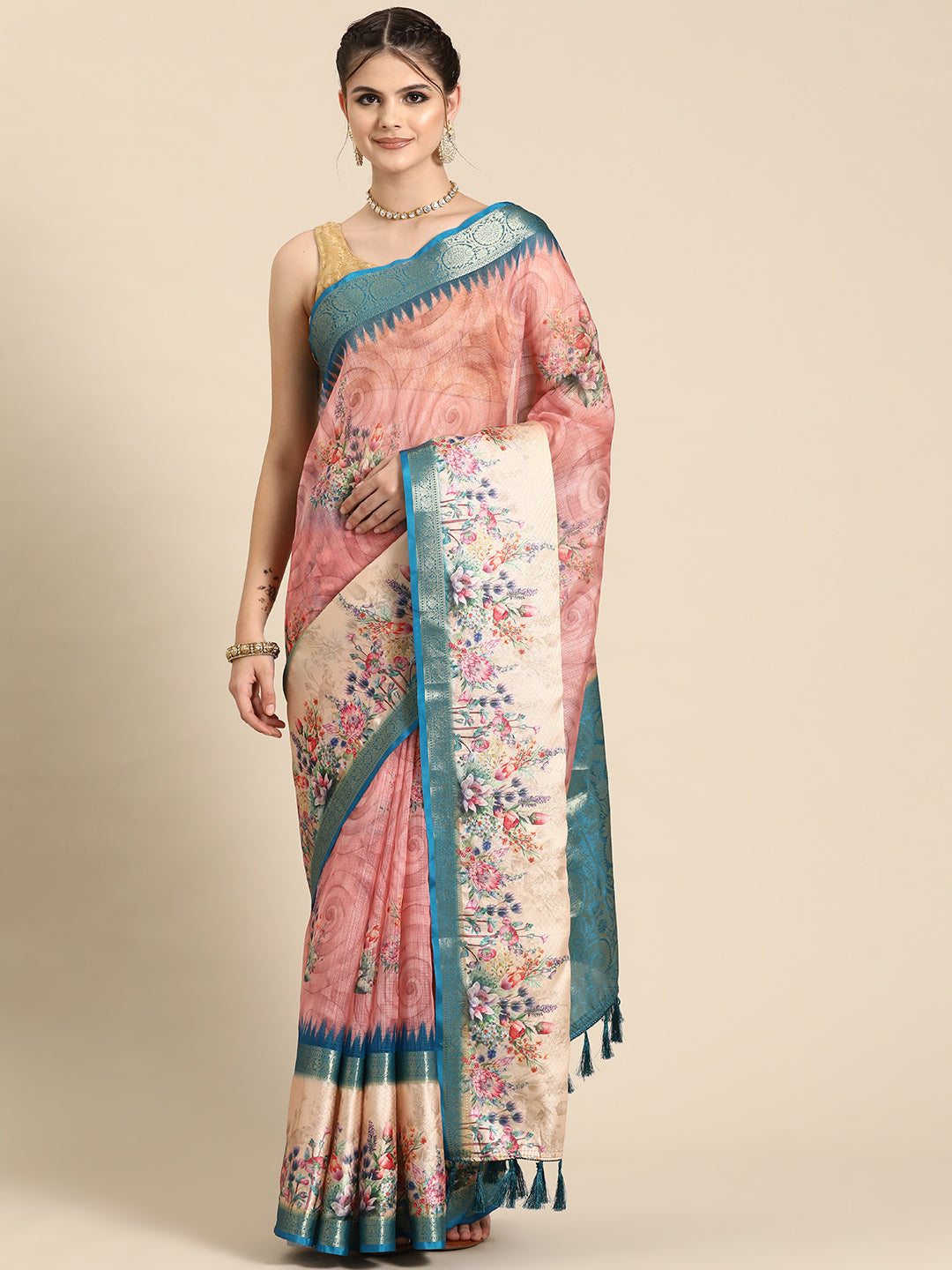 Pink Kanjeevaram Silk Digital Print Floral Saree with Unstitched Blouse - Hiral Fashion | Swadesiicart