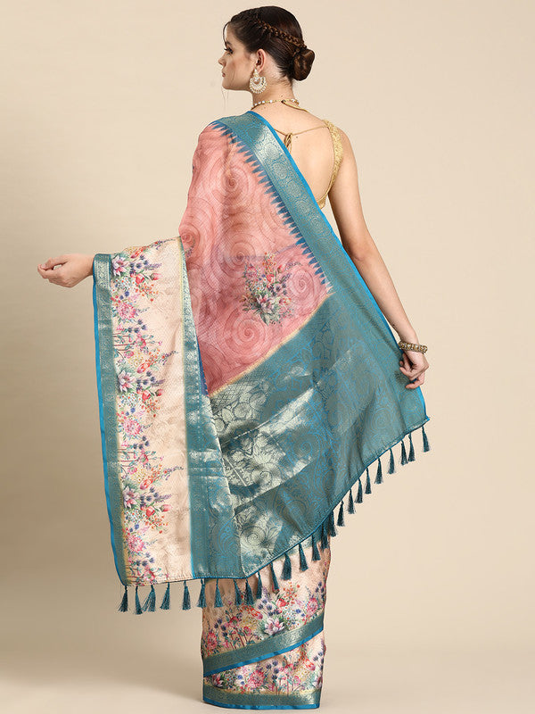 Pink Kanjeevaram Silk Digital Print Floral Saree with Unstitched Blouse - Hiral Fashion | Swadesiicart