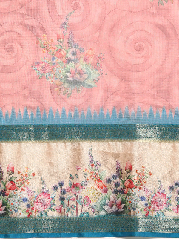 Pink Kanjeevaram Silk Digital Print Floral Saree with Unstitched Blouse - Hiral Fashion | Swadesiicart