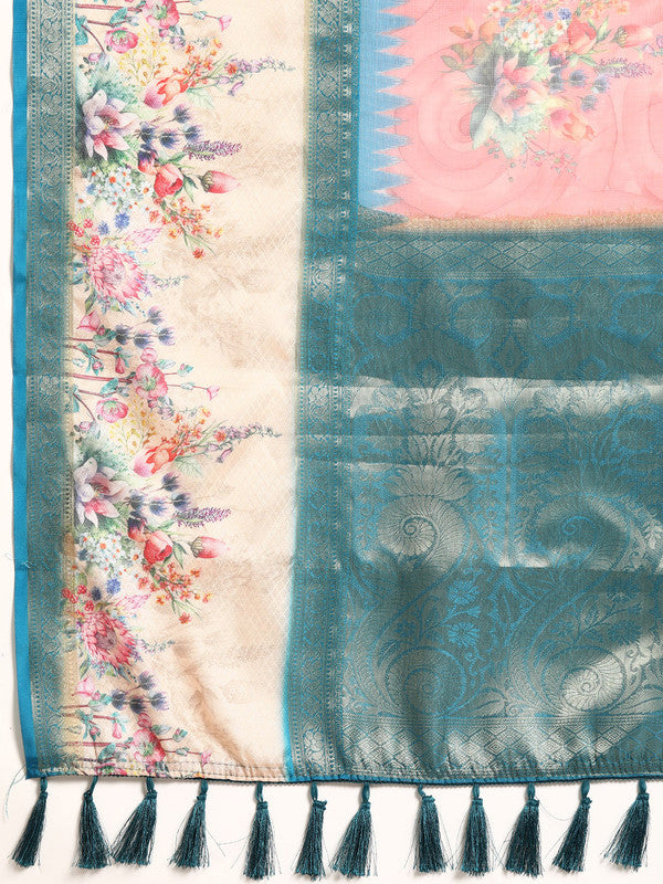 Pink Kanjeevaram Silk Digital Print Floral Saree with Unstitched Blouse - Hiral Fashion | Swadesiicart