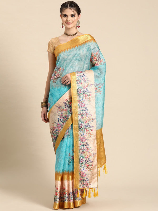 Sky Blue Kanjeevaram Silk Digital Print Floral Saree with Unstitched Blouse - Hiral Fashion | Swadesiicart