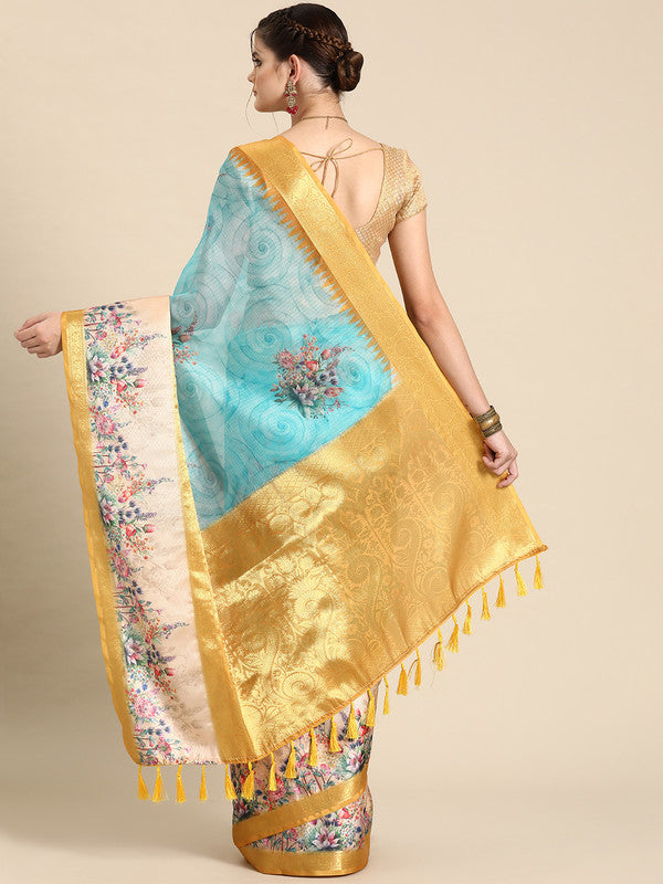Sky Blue Kanjeevaram Silk Digital Print Floral Saree with Unstitched Blouse - Hiral Fashion | Swadesiicart
