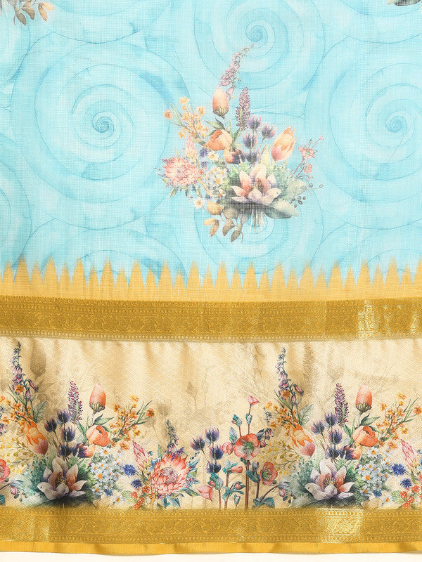 Sky Blue Kanjeevaram Silk Digital Print Floral Saree with Unstitched Blouse - Hiral Fashion | Swadesiicart