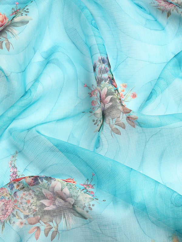 Sky Blue Kanjeevaram Silk Digital Print Floral Saree with Unstitched Blouse - Hiral Fashion | Swadesiicart