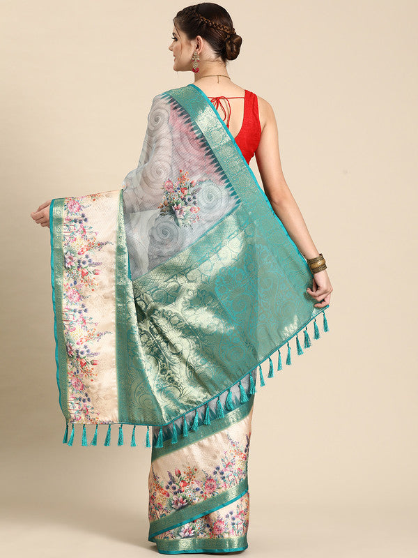 Turquoise Kanjeevaram Silk Digital Print Floral Saree with Unstitched Blouse - Hiral Fashion | Swadesiicart