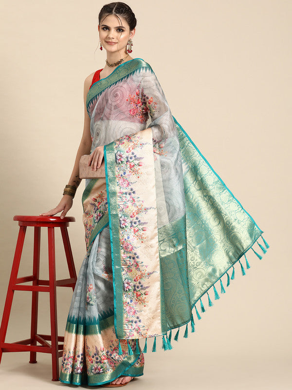 Turquoise Kanjeevaram Silk Digital Print Floral Saree with Unstitched Blouse - Hiral Fashion | Swadesiicart