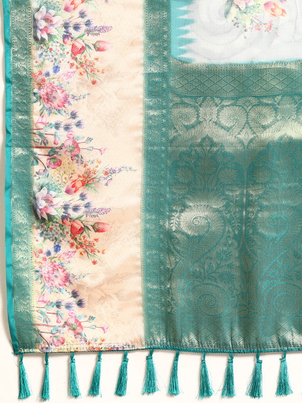 Turquoise Kanjeevaram Silk Digital Print Floral Saree with Unstitched Blouse - Hiral Fashion | Swadesiicart