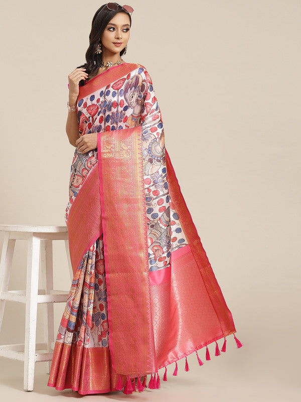 White Art Silk Digital Print Floral Saree with Unstitched Blouse - Hiral Fashion | Swadesiicart