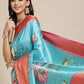 Turquoise Art Silk Digital Print Floral Saree with Unstitched Blouse - Hiral Fashion | Swadesiicart