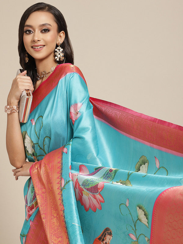 Turquoise Art Silk Digital Print Floral Saree with Unstitched Blouse - Hiral Fashion | Swadesiicart