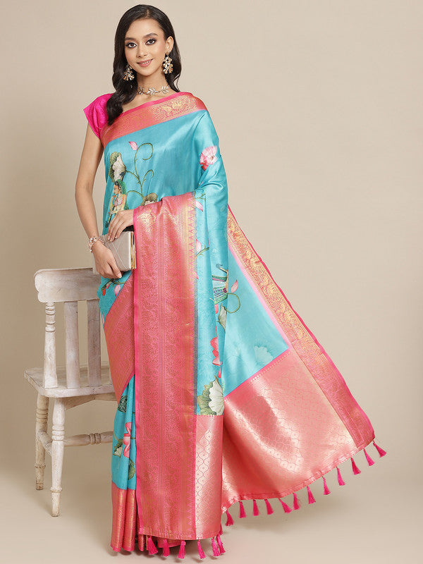 Turquoise Art Silk Digital Print Floral Saree with Unstitched Blouse - Hiral Fashion | Swadesiicart