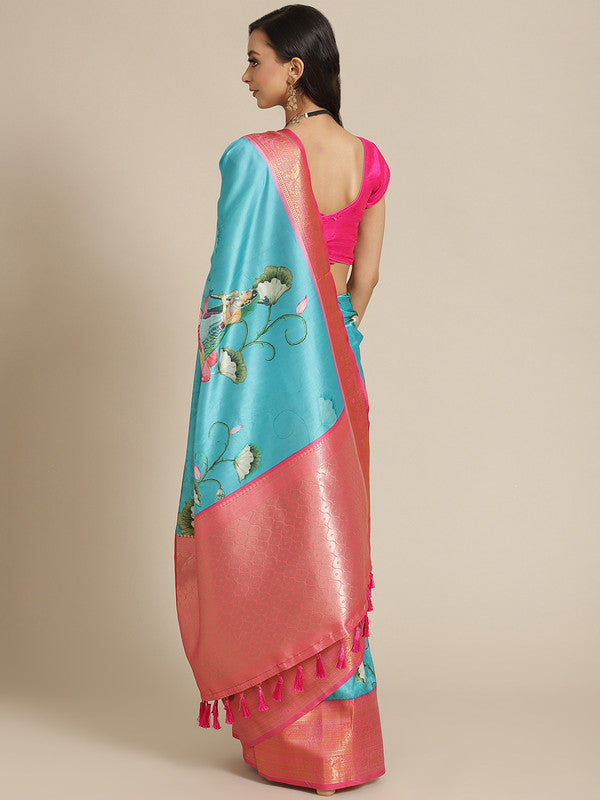 Turquoise Art Silk Digital Print Floral Saree with Unstitched Blouse - Hiral Fashion | Swadesiicart