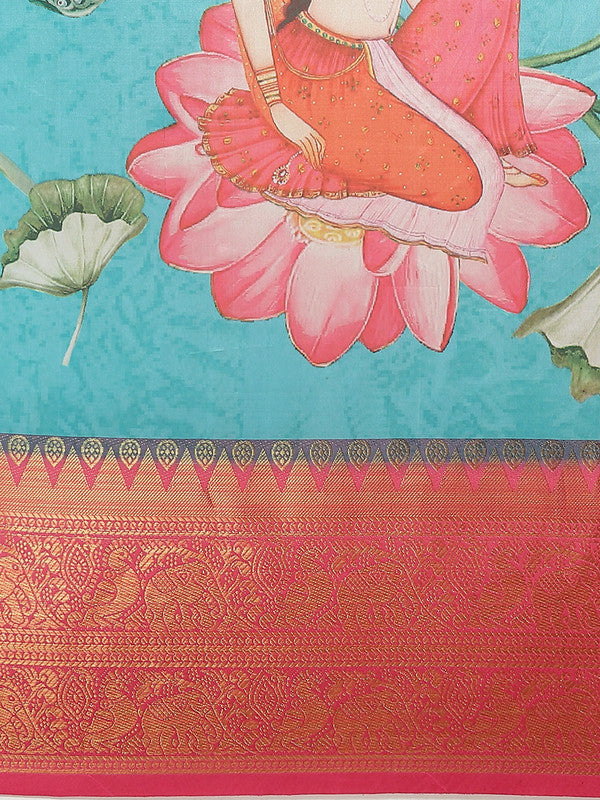 Turquoise Art Silk Digital Print Floral Saree with Unstitched Blouse - Hiral Fashion | Swadesiicart