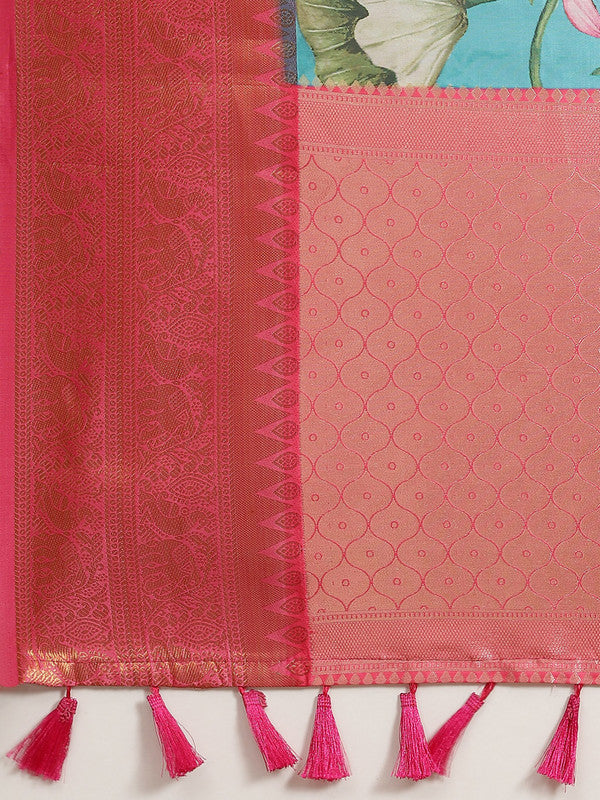 Turquoise Art Silk Digital Print Floral Saree with Unstitched Blouse - Hiral Fashion | Swadesiicart