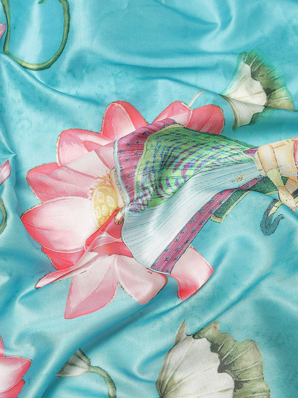 Turquoise Art Silk Digital Print Floral Saree with Unstitched Blouse - Hiral Fashion | Swadesiicart