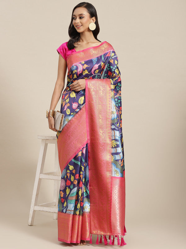 Navy Blue Art Silk Digital Print Floral Saree with Unstitched Blouse - Hiral Fashion | Swadesiicart