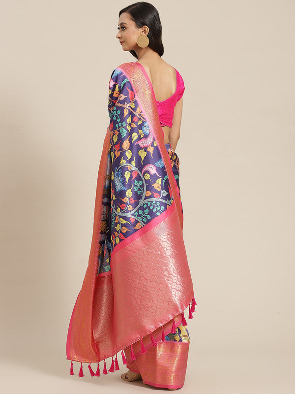Navy Blue Art Silk Digital Print Floral Saree with Unstitched Blouse - Hiral Fashion | Swadesiicart
