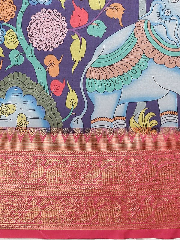 Navy Blue Art Silk Digital Print Floral Saree with Unstitched Blouse - Hiral Fashion | Swadesiicart