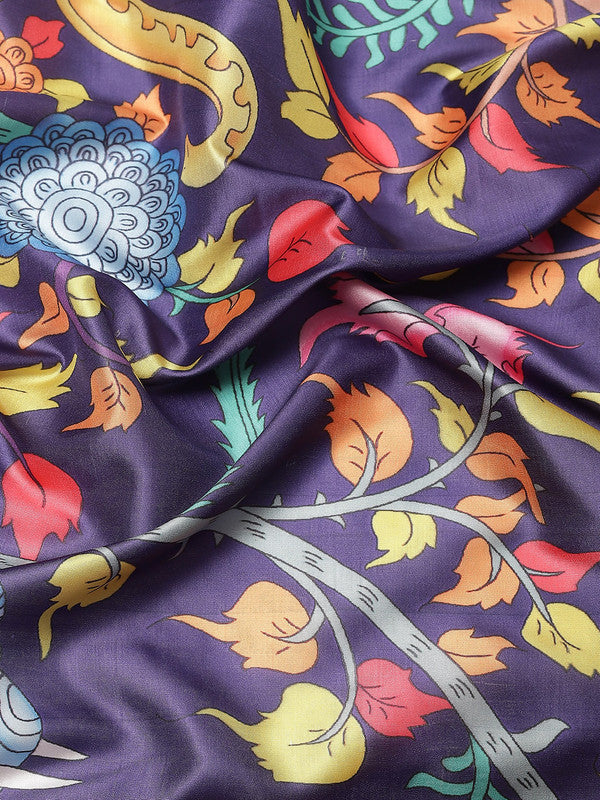 Navy Blue Art Silk Digital Print Floral Saree with Unstitched Blouse - Hiral Fashion | Swadesiicart