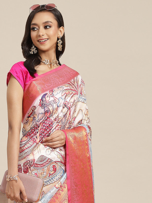 Blue Art Silk Digital Print Floral Saree with Unstitched Blouse - Hiral Fashion | Swadesiicart