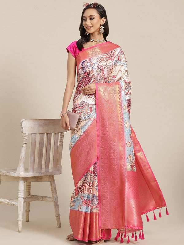 Blue Art Silk Digital Print Floral Saree with Unstitched Blouse - Hiral Fashion | Swadesiicart