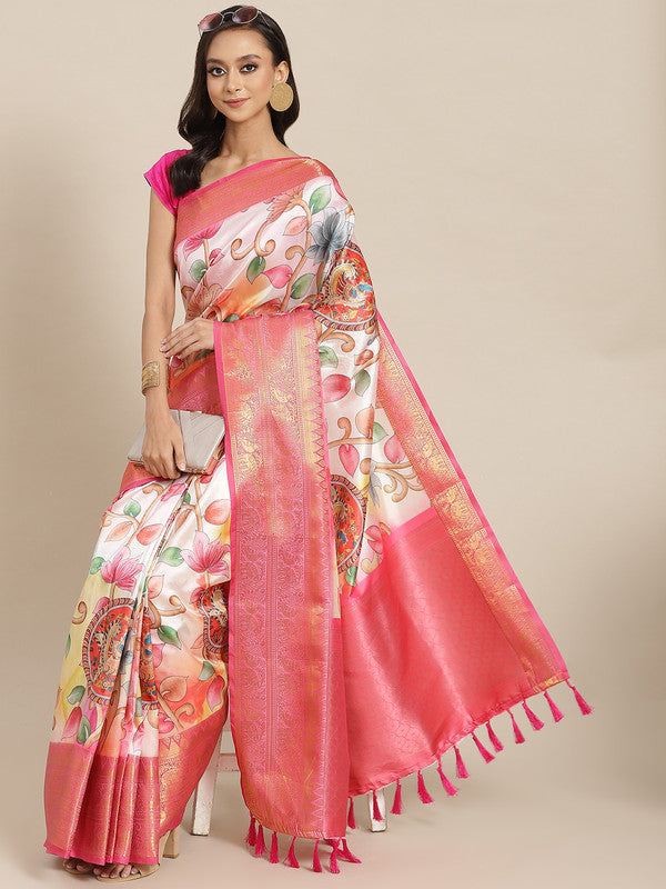 Pink Art Silk Digital Print Floral Saree with Unstitched Blouse - Hiral Fashion | Swadesiicart