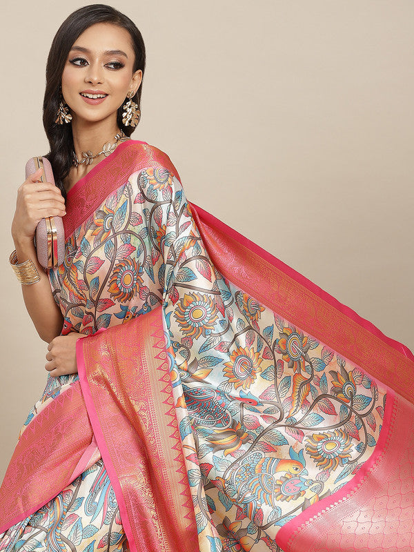 Multicolor Art Silk Digital Print Floral Saree with Unstitched Blouse - Hiral Fashion | Swadesiicart