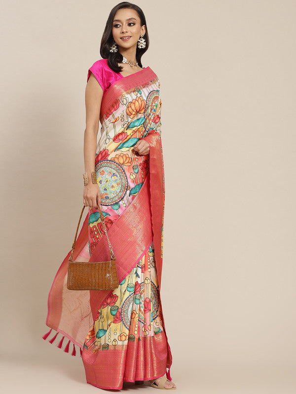 Off White Art Silk Digital Print Floral Saree with Unstitched Blouse - Hiral Fashion | Swadesiicart