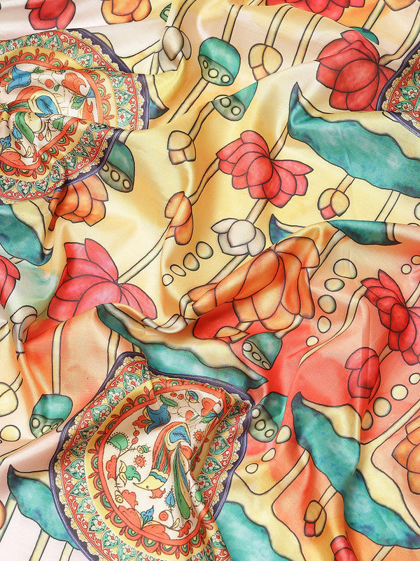 Off White Art Silk Digital Print Floral Saree with Unstitched Blouse - Hiral Fashion | Swadesiicart