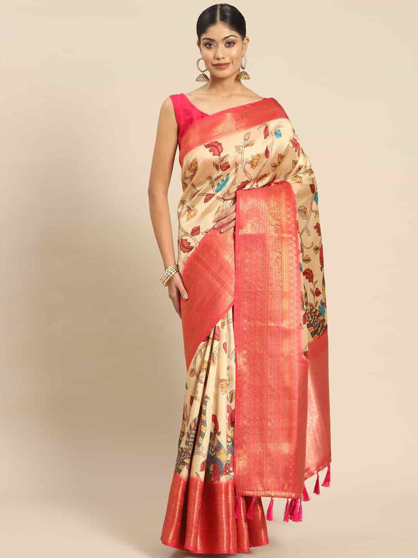 Beige Art Silk Printed Kalamkari Saree with Unstitched Blouse - Hiral Fashion | Swadesiicart