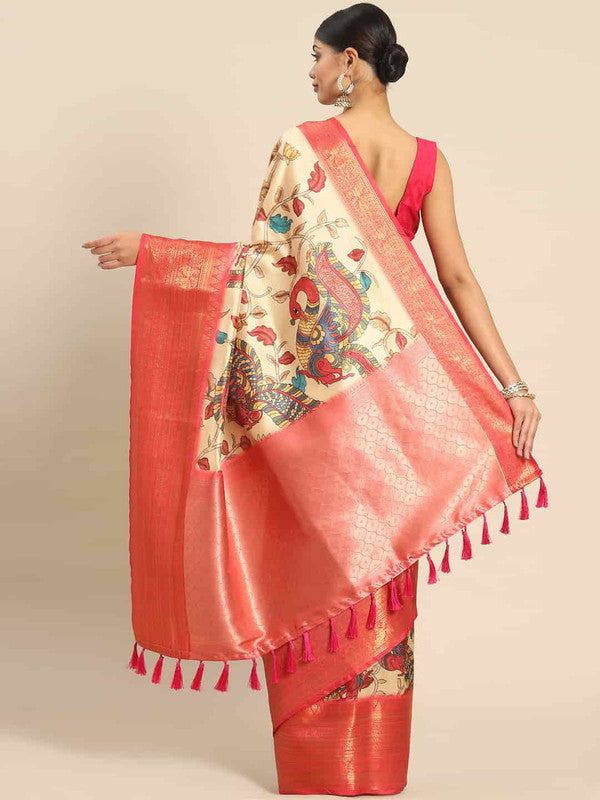 Beige Art Silk Printed Kalamkari Saree with Unstitched Blouse - Hiral Fashion | Swadesiicart