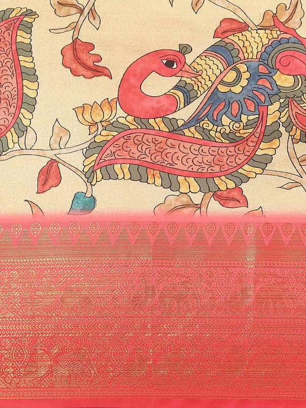 Beige Art Silk Printed Kalamkari Saree with Unstitched Blouse - Hiral Fashion | Swadesiicart