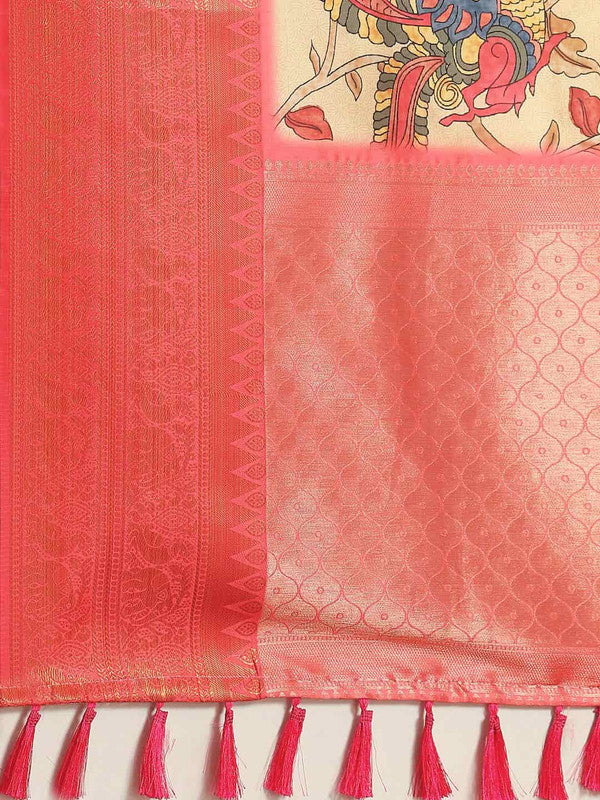 Beige Art Silk Printed Kalamkari Saree with Unstitched Blouse - Hiral Fashion | Swadesiicart
