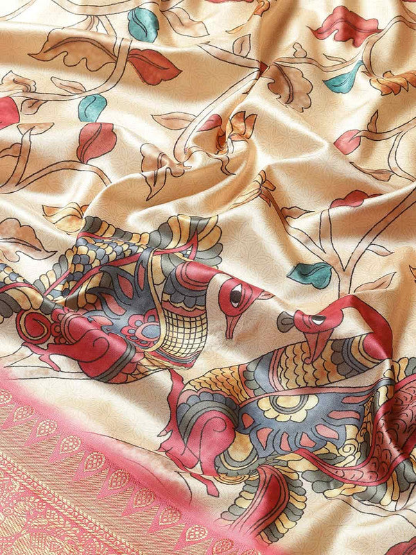 Beige Art Silk Printed Kalamkari Saree with Unstitched Blouse - Hiral Fashion | Swadesiicart