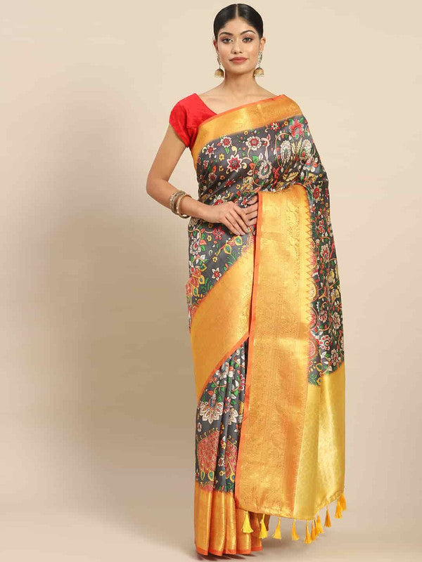 Black Art Silk Printed Kalamkari Saree with Unstitched Blouse - Hiral Fashion | Swadesiicart