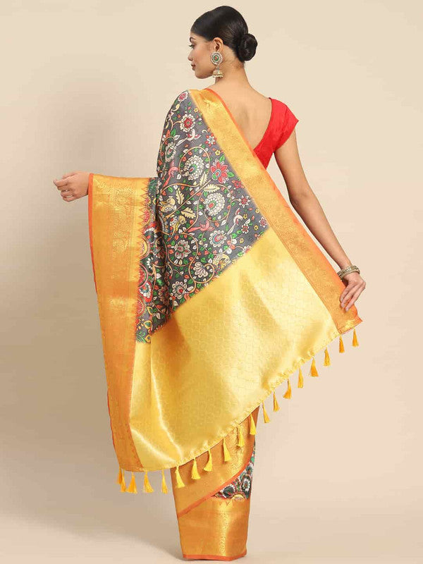 Black Art Silk Printed Kalamkari Saree with Unstitched Blouse - Hiral Fashion | Swadesiicart