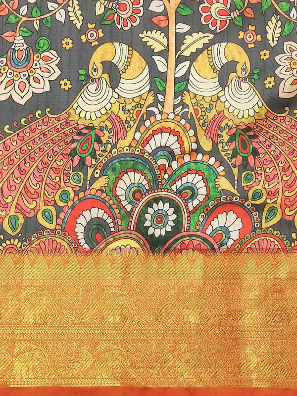 Black Art Silk Printed Kalamkari Saree with Unstitched Blouse - Hiral Fashion | Swadesiicart
