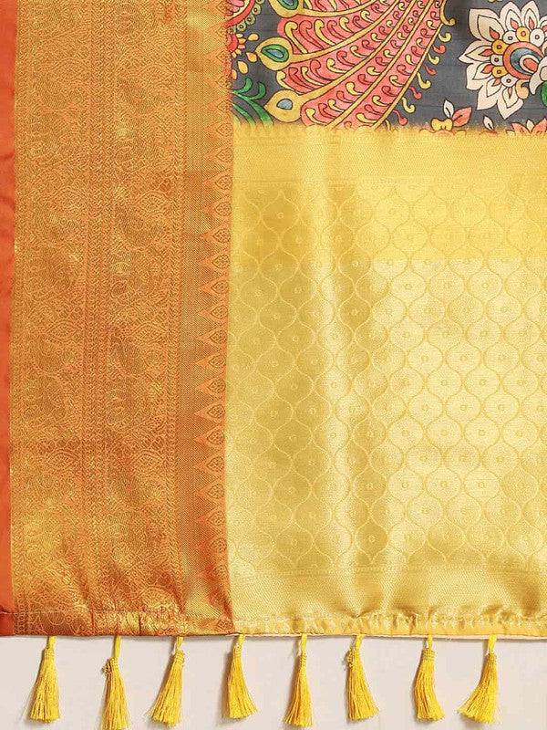 Black Art Silk Printed Kalamkari Saree with Unstitched Blouse - Hiral Fashion | Swadesiicart