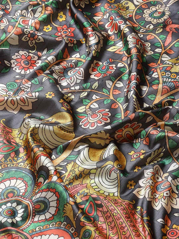 Black Art Silk Printed Kalamkari Saree with Unstitched Blouse - Hiral Fashion | Swadesiicart